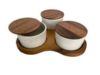 Triangular Acacia Serving Board With 3 White Ceramic Dishes 10in Square Cheese Charcuterie Set BandsCo Straps