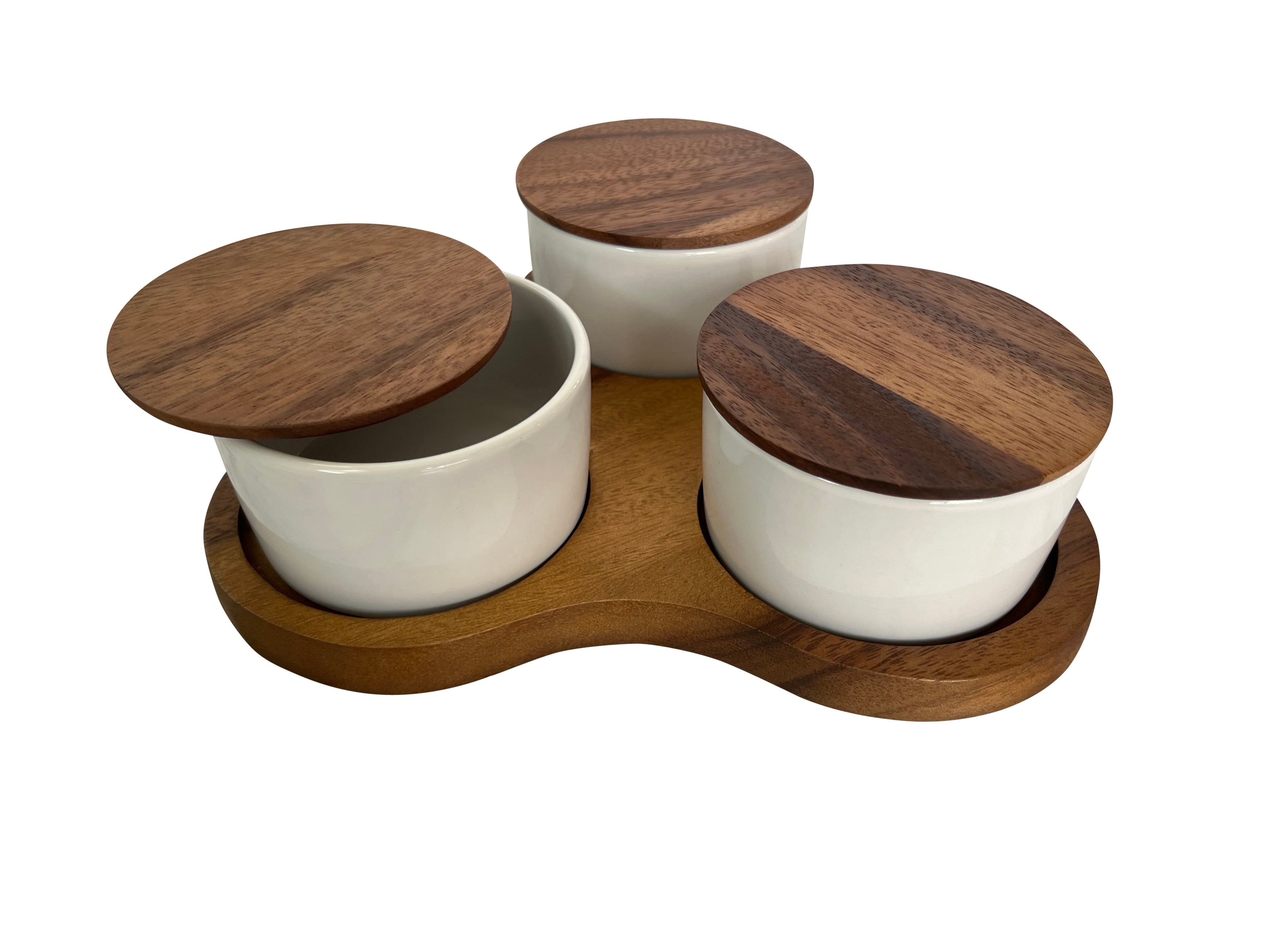 Triangular Acacia Serving Board With 3 White Ceramic Dishes 10in Square Cheese Charcuterie Set BandsCo Straps