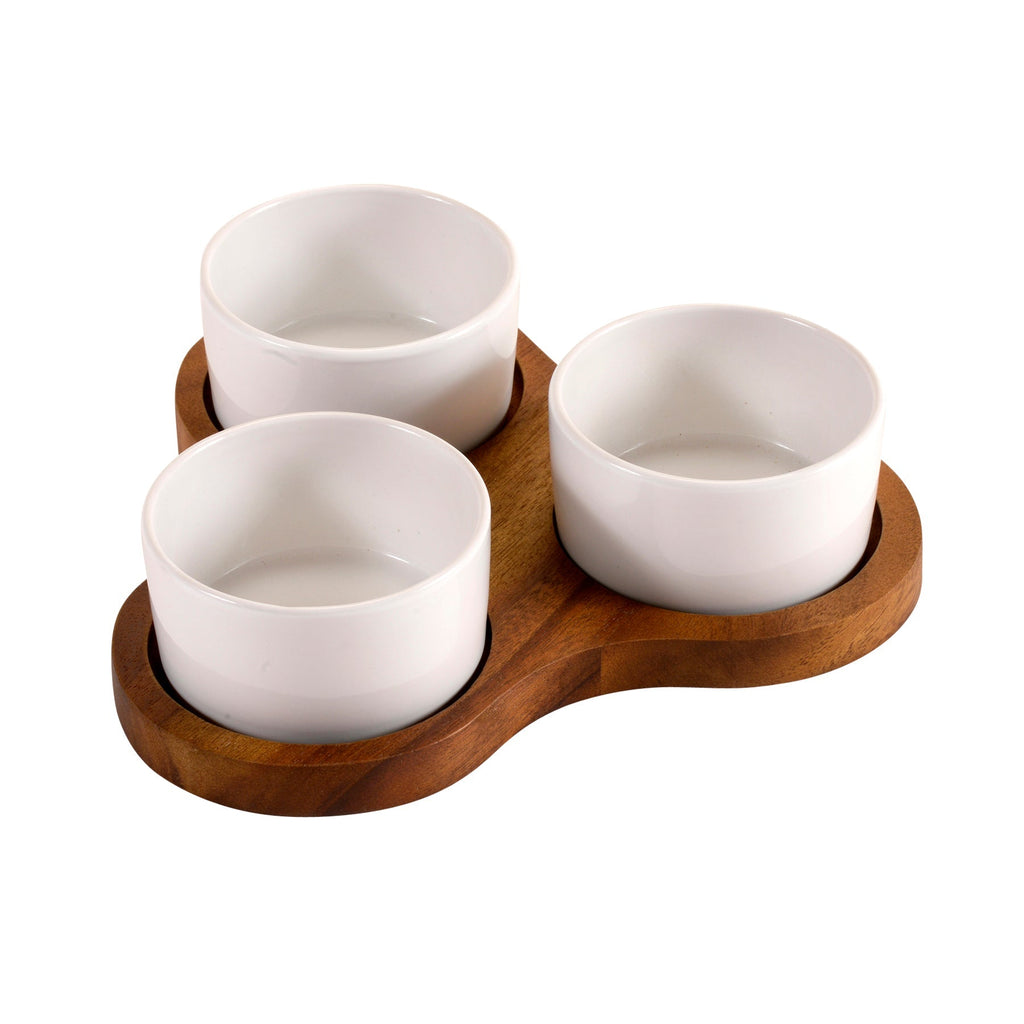 Triangular Acacia Serving Board With 3 White Ceramic Dishes 10in Square Cheese Charcuterie Set BandsCo Straps