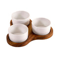 Triangular Acacia Serving Board With 3 White Ceramic Dishes 10in Square Cheese Charcuterie Set BandsCo Straps