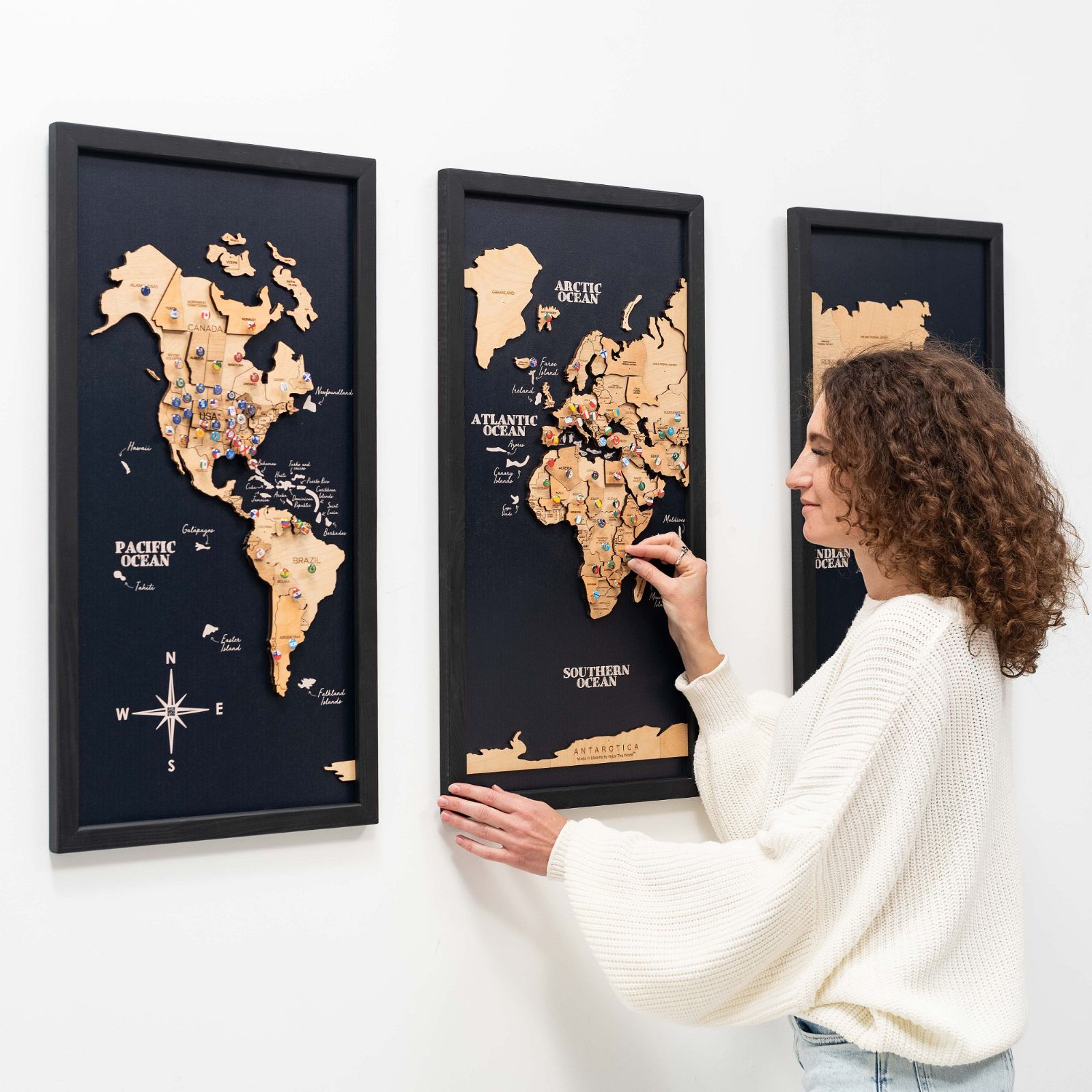 3D Wooden Triptych World Map Gold - SJB-DIAMOND ELITES