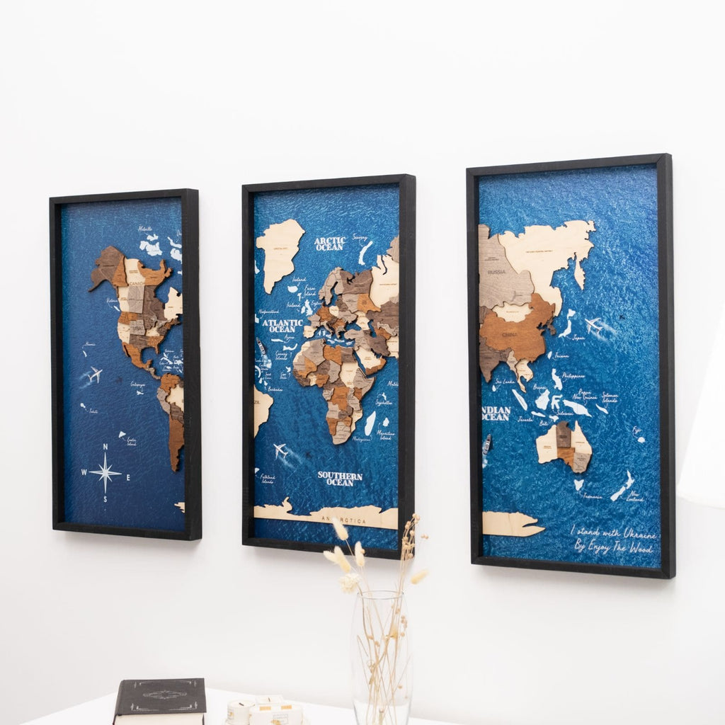 3D Wooden Triptych World Map Multicolor Enjoy The Wood