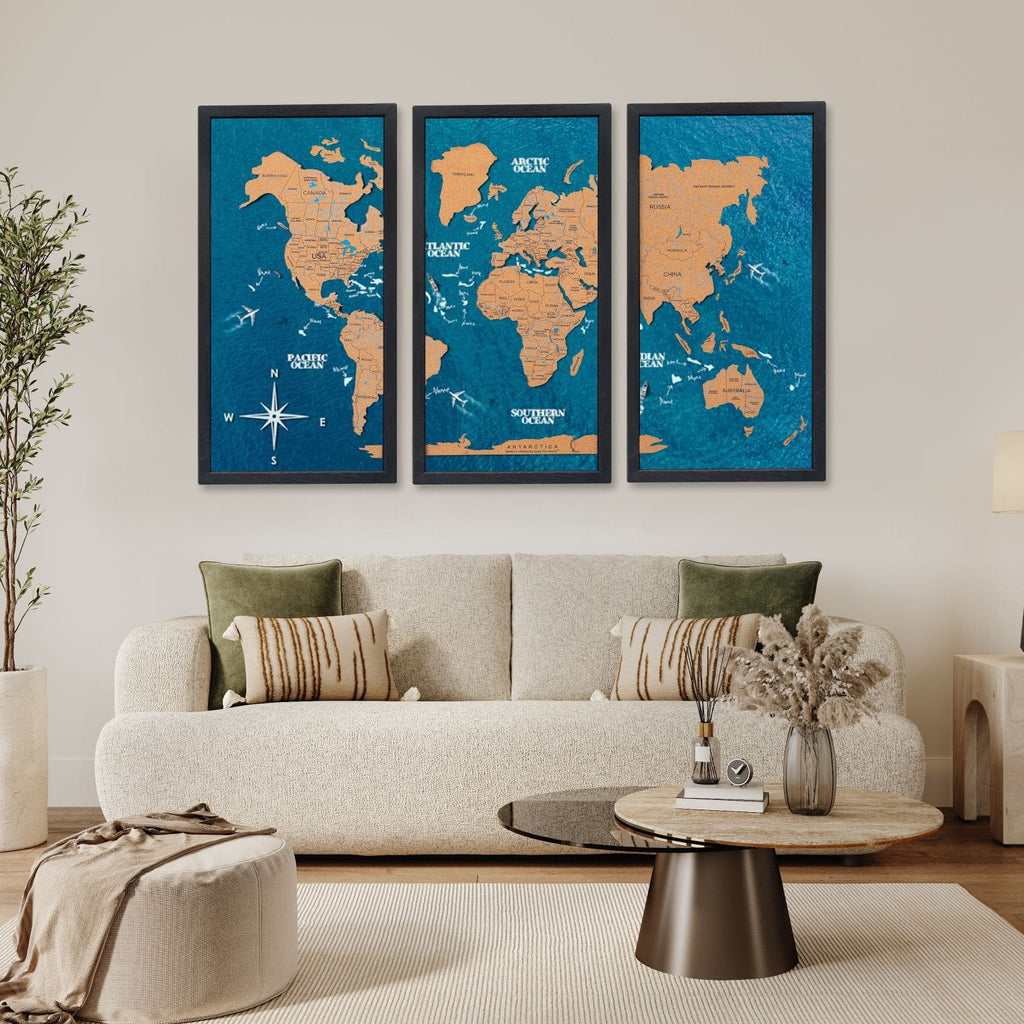 Cork world map triptych - Black - SJB-DIAMOND ELITES