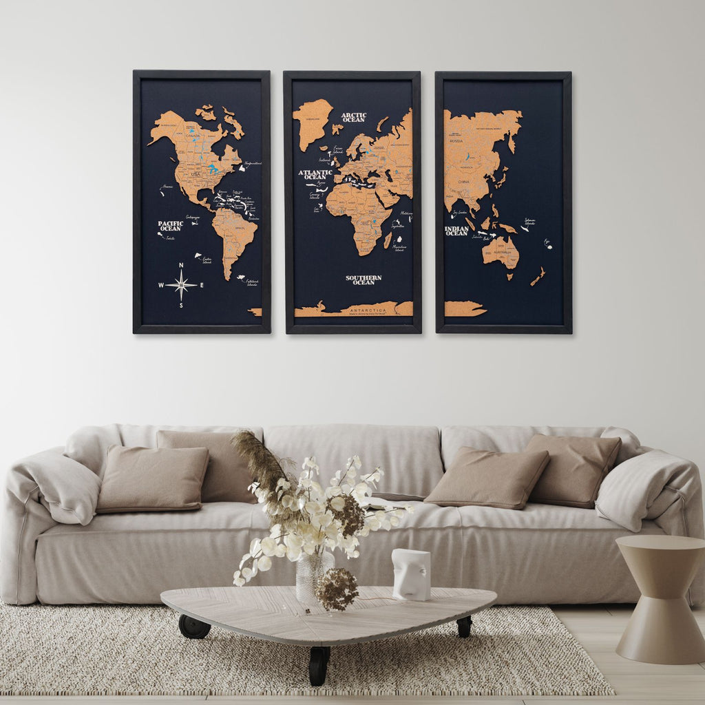 Cork world map triptych - White - SJB-DIAMOND ELITES