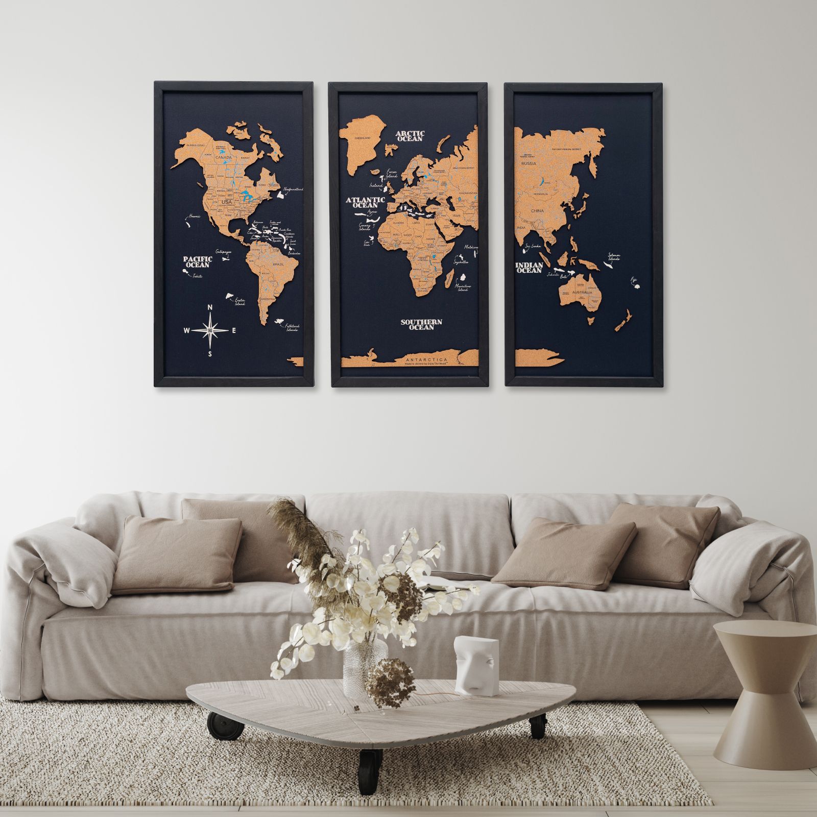 Cork world map triptych - White - SJB-DIAMOND ELITES