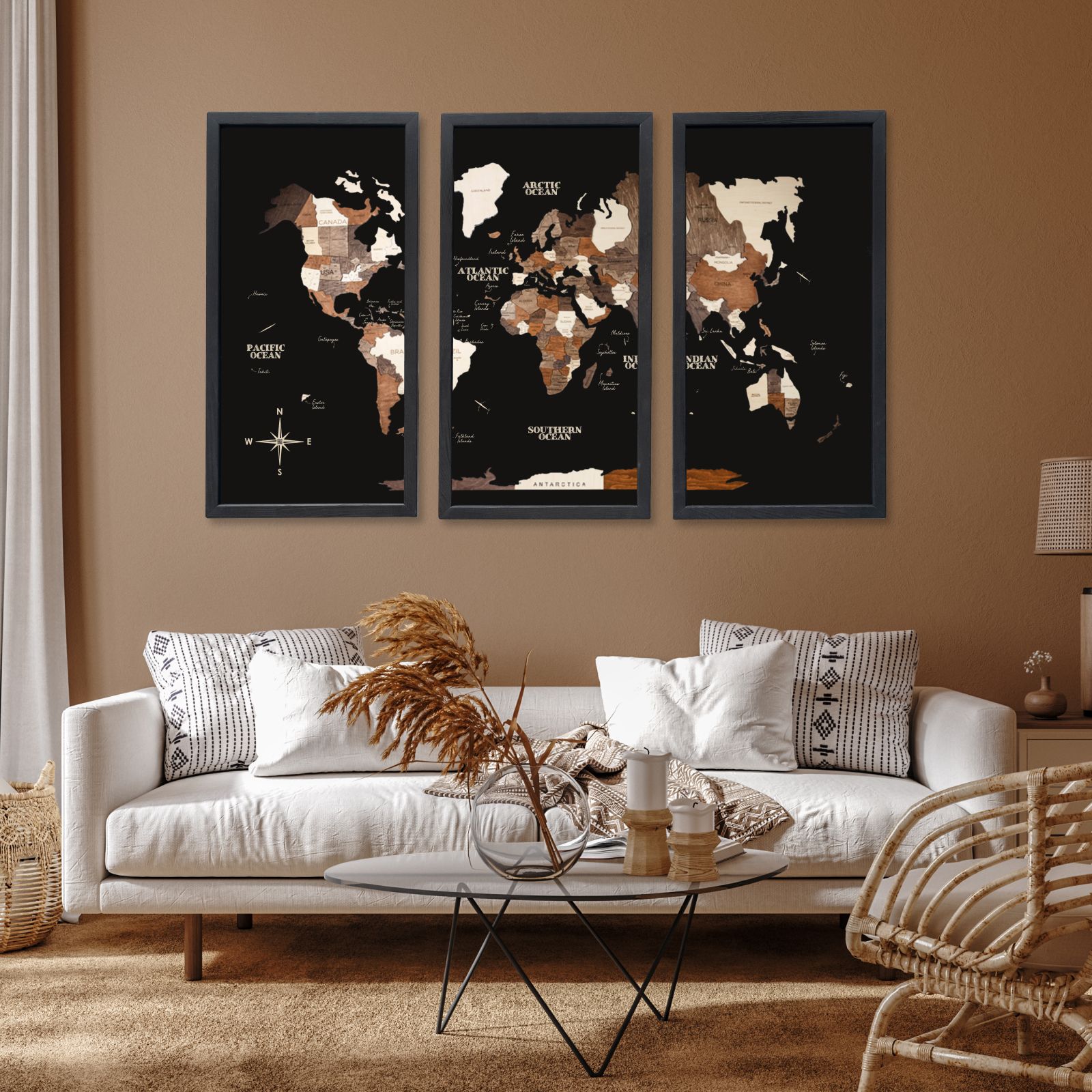 3D Wooden Triptych World Map Multicolor Enjoy The Wood
