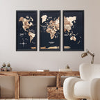 Triptych Wall Art - Wooden World Map (Smokey)