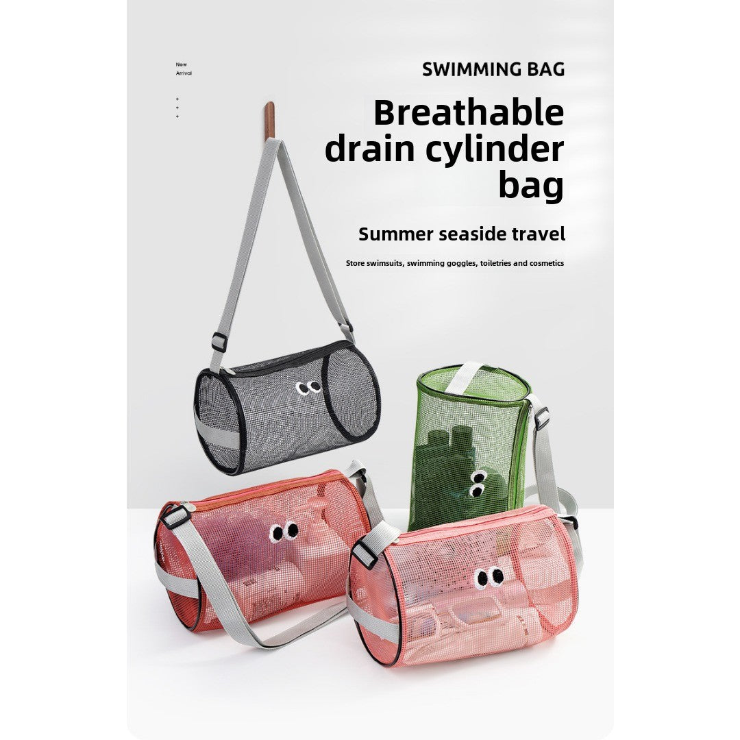 Big eye mesh cylinder bag, breathable leisure travel crossbody bag mesh, portable crossbody beach bag, swimming wash storage bag - SJB-DIAMOND ELITES