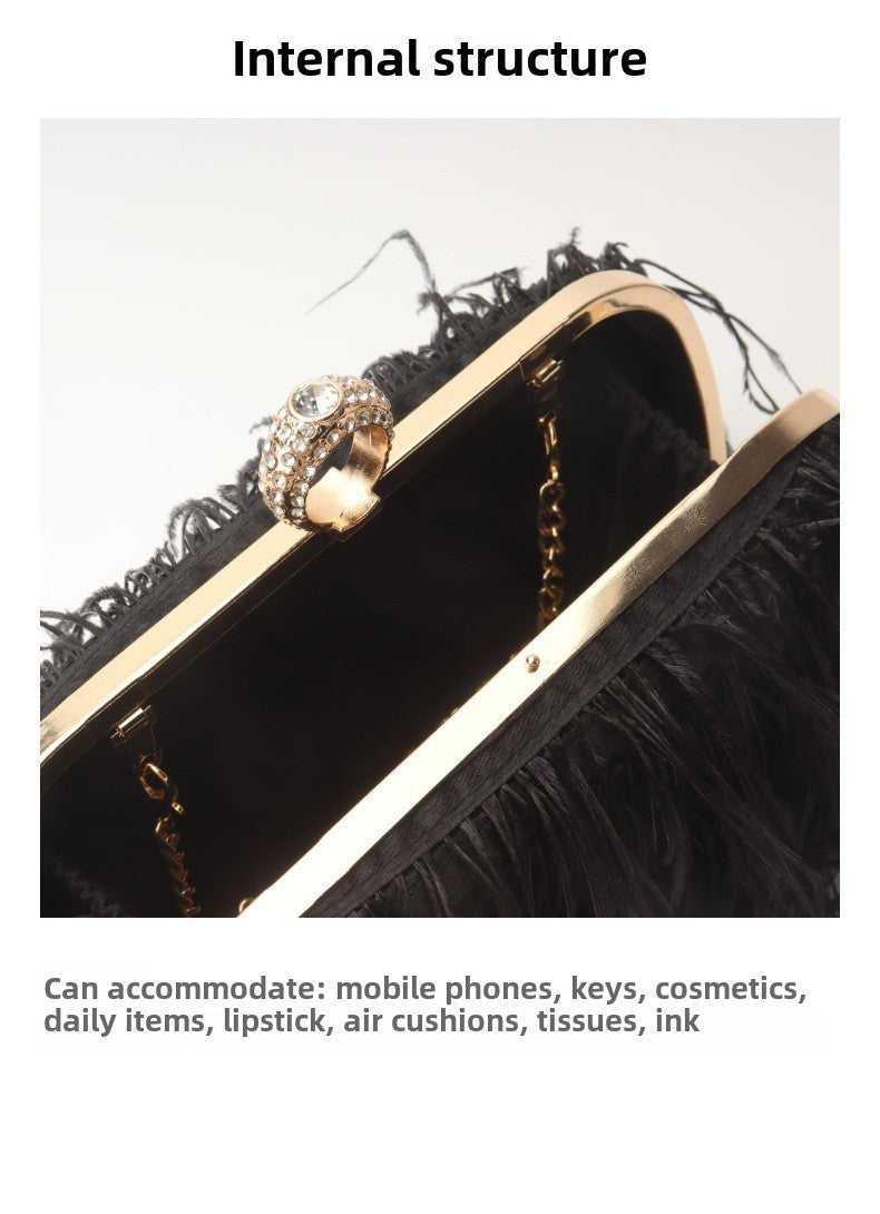Elegant Ostrich Hair Ring Box – Small Square Bag with Chain Crossbody Shoulder Velvet Evening Clutch Purse, Perfect for Dinner, Casual Outings, Party Events, and Prom Nights - SJB-DIAMOND ELITES