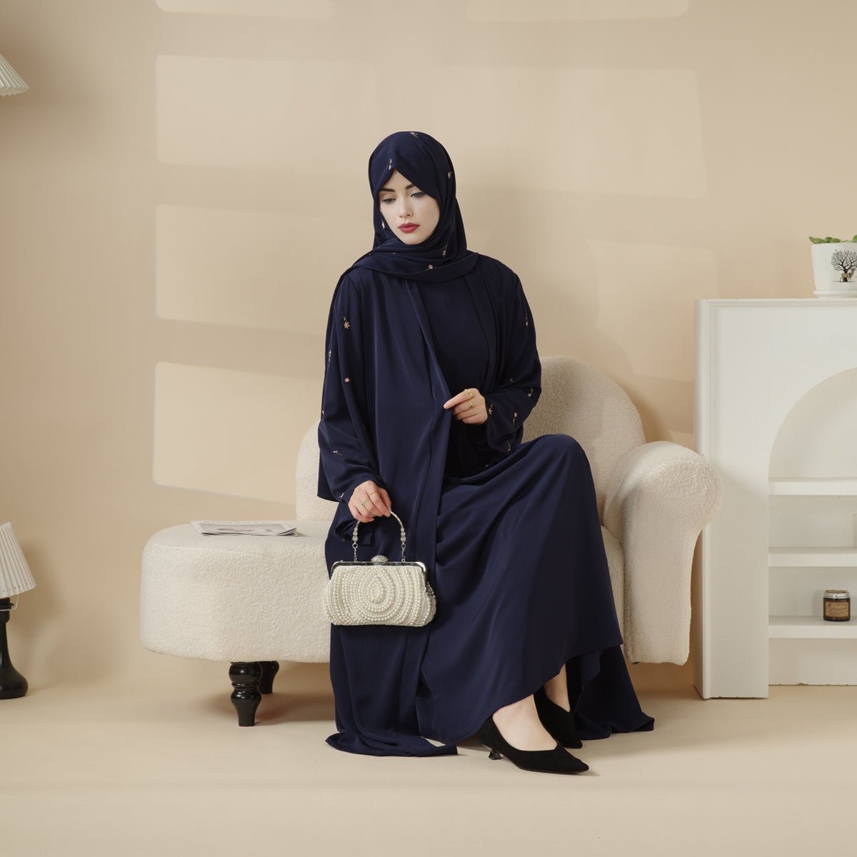 Tulip Embroidery Open Abaya 4-Piece Set (MOA051) - SJB-DIAMOND ELITES
