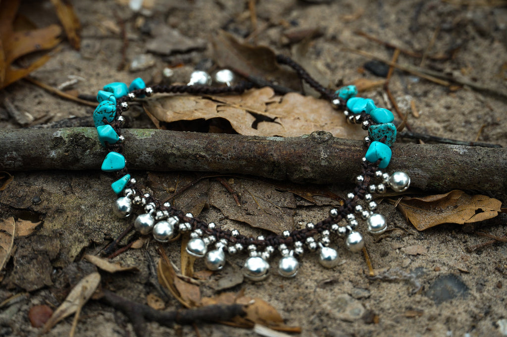Turquoise Beaded Silver Bell Boho Anklet Adjustable Chain