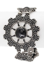 Turquoise Flower Engraved Western Bracelet Silver Style