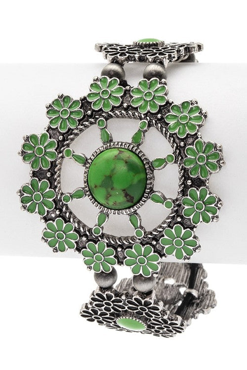 Turquoise Flower Engraved Western Bracelet Silver Style