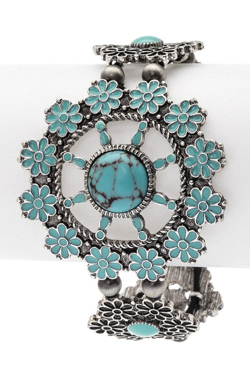Turquoise Flower Engraved Western Bracelet Silver Style