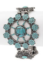 Turquoise Flower Engraved Western Bracelet Silver Style
