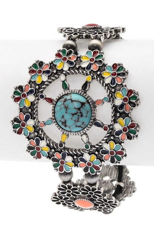 Turquoise Flower Engraved Western Bracelet Silver Style