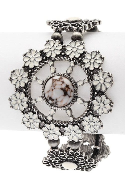 Turquoise Flower Engraved Western Bracelet Silver Style