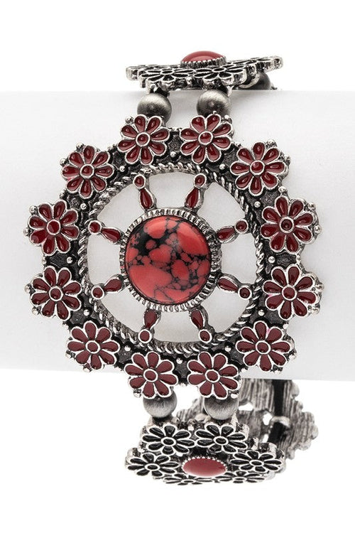 Turquoise Flower Engraved Western Bracelet Silver Style