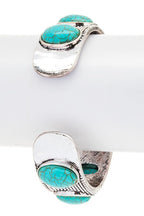 Turquoise Oval Stone Textured Open Cuff Silver Bracelet