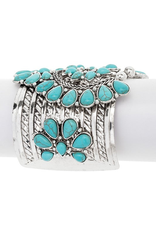 Turquoise Squash Blossom Stone Cuff Silver Bracelet
