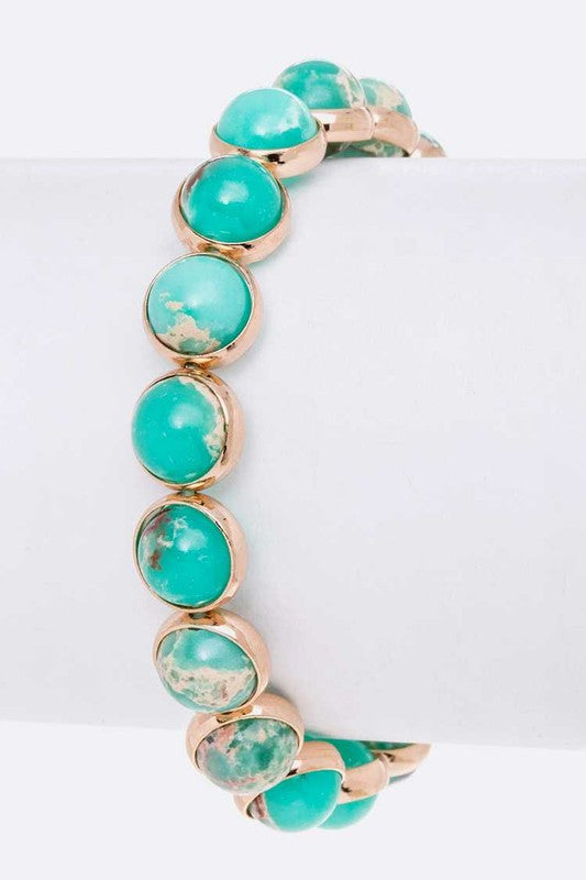 Turquoise Stone Bead Stretch Bracelet Gold Plated Accent