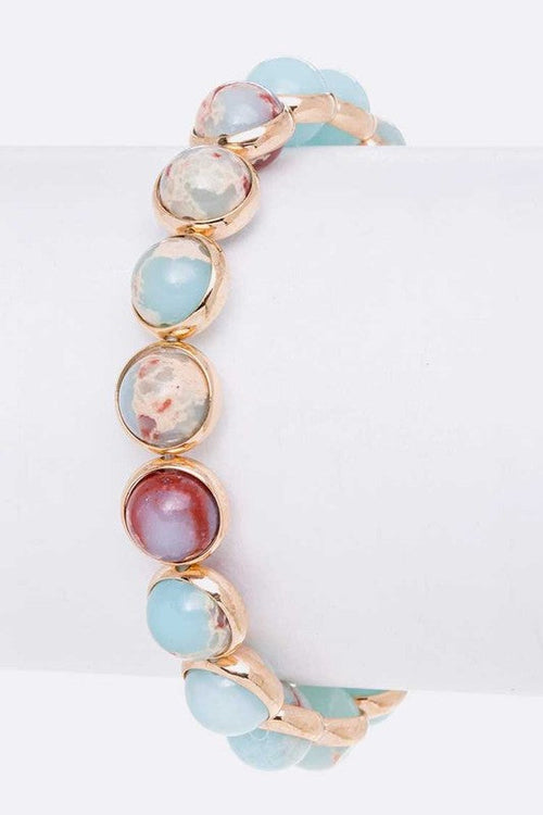 Turquoise Stone Bead Stretch Bracelet Gold Plated Accent