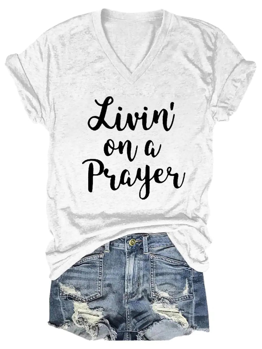 Women's Livin' On A Prayer V-Neck Shirt Pi-Mart
