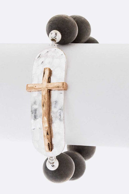Two Tone Cross Charm Stretch Bracelet For Women Adjustable