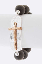 Two Tone Cross Charm Stretch Bracelet For Women Adjustable