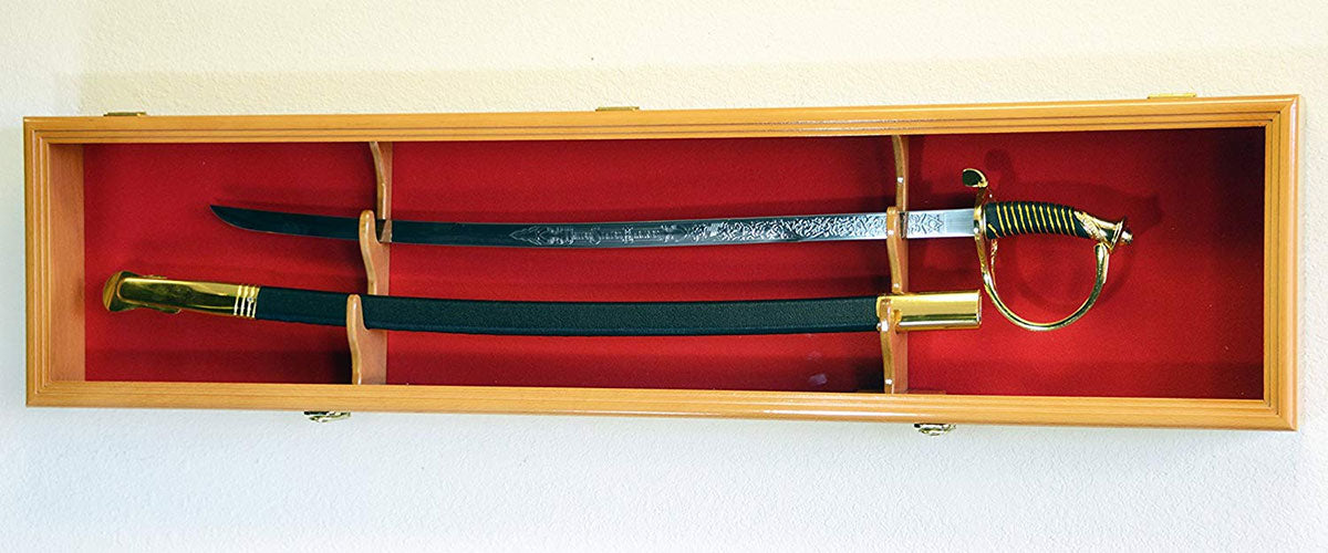 1 Sword Display Case Cabinet Stand Holder Wall Rack Box - Lockable w/ 98% UV Protection -Oak Finish The Military Gift Store