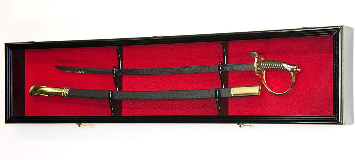 Sword Display Case Cabinet Stand Holder Wall Rack Box - Black solid hardwood The Military Gift Store