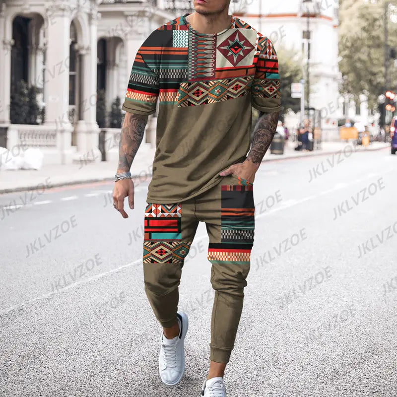 Men's Summer Tracksuit Stripe Print T-shirt Trousers Set Pi-Mart