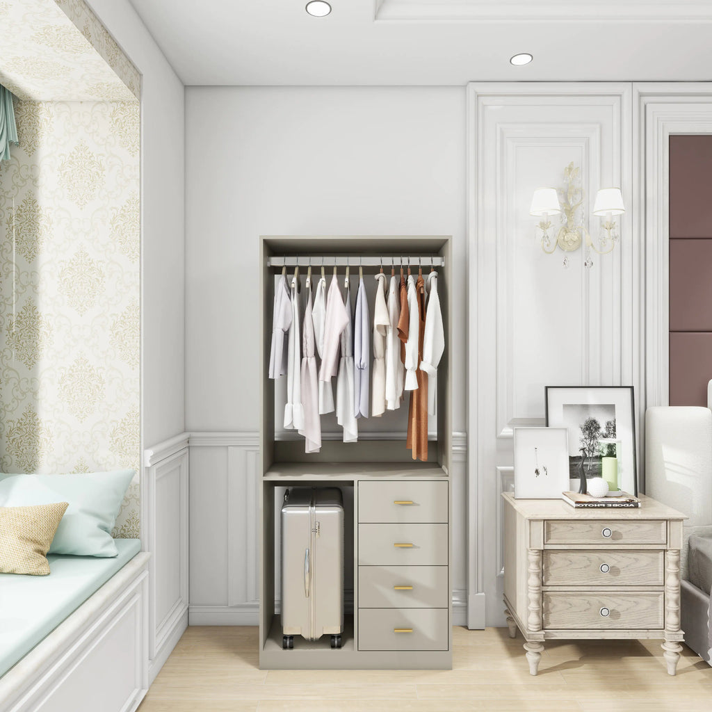 305 GreyCloset System: Walk-in Closet Organizer System with 4 Drawers Closet Kit with Shelves Hanging Rod Metal Handles Built-in Storage Organization 31.5"W x 15.7"D x 70.8"H Pi-Mart