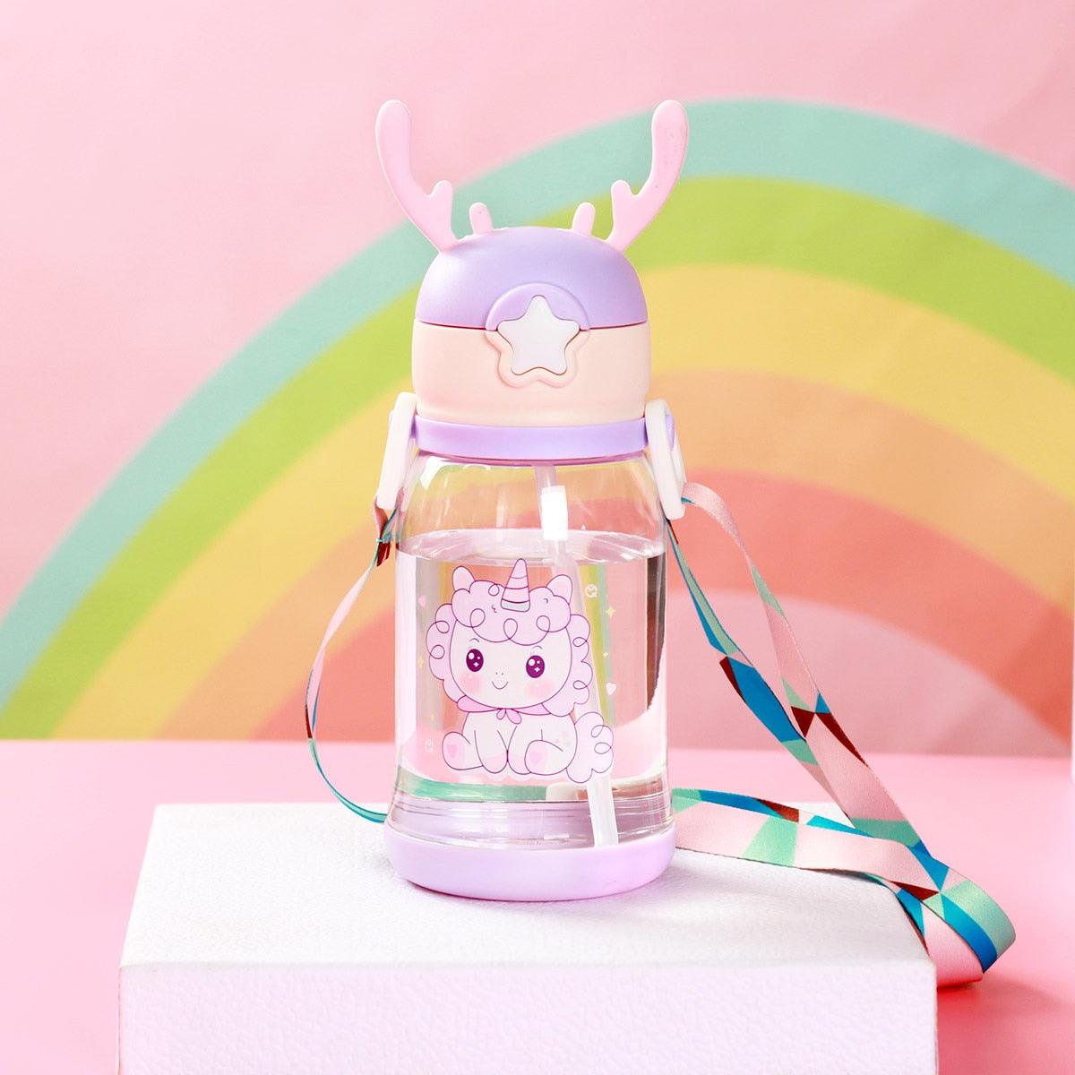 Unicorn Drinking Water Bottle for School Children Girls Kids with Straw Straps BPA FREE Cute Pink Outdoor Sport Water Bottle for Infant Toddler 500ml Anti-Spill Sippy Cup with Soft Silicone Straw BPA Free Anti Spill Lock Leak Proof Easy Neck Hanging Cap