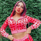 Unique Design Velvet Heart Print Cropped Top Bomber Jacket For Women Autumn Cute Pink Long Sleeve Coats Zipper Winter Overcoat Stevvex