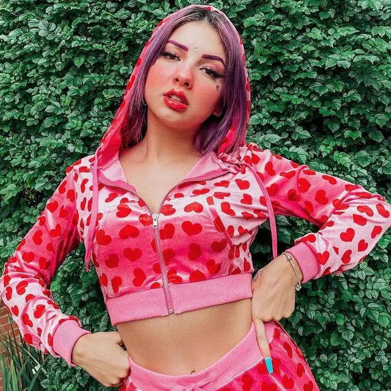 Unique Design Velvet Heart Print Cropped Top Bomber Jacket For Women Autumn Cute Pink Long Sleeve Coats Zipper Winter Overcoat Stevvex
