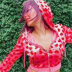 Unique Design Velvet Heart Print Cropped Top Bomber Jacket For Women Autumn Cute Pink Long Sleeve Coats Zipper Winter Overcoat Stevvex
