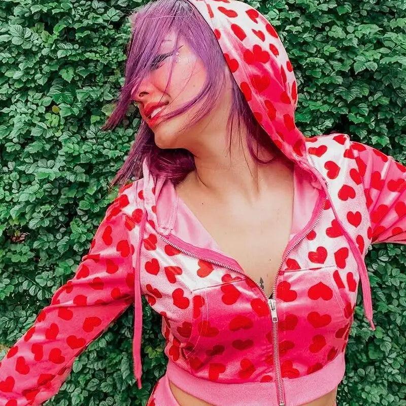 Unique Design Velvet Heart Print Cropped Top Bomber Jacket For Women Autumn Cute Pink Long Sleeve Coats Zipper Winter Overcoat Stevvex