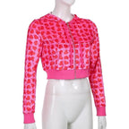 Unique Design Velvet Heart Print Cropped Top Bomber Jacket For Women Autumn Cute Pink Long Sleeve Coats Zipper Winter Overcoat Stevvex