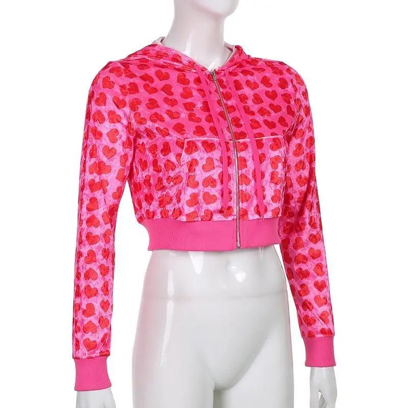 Unique Design Velvet Heart Print Cropped Top Bomber Jacket For Women Autumn Cute Pink Long Sleeve Coats Zipper Winter Overcoat Stevvex