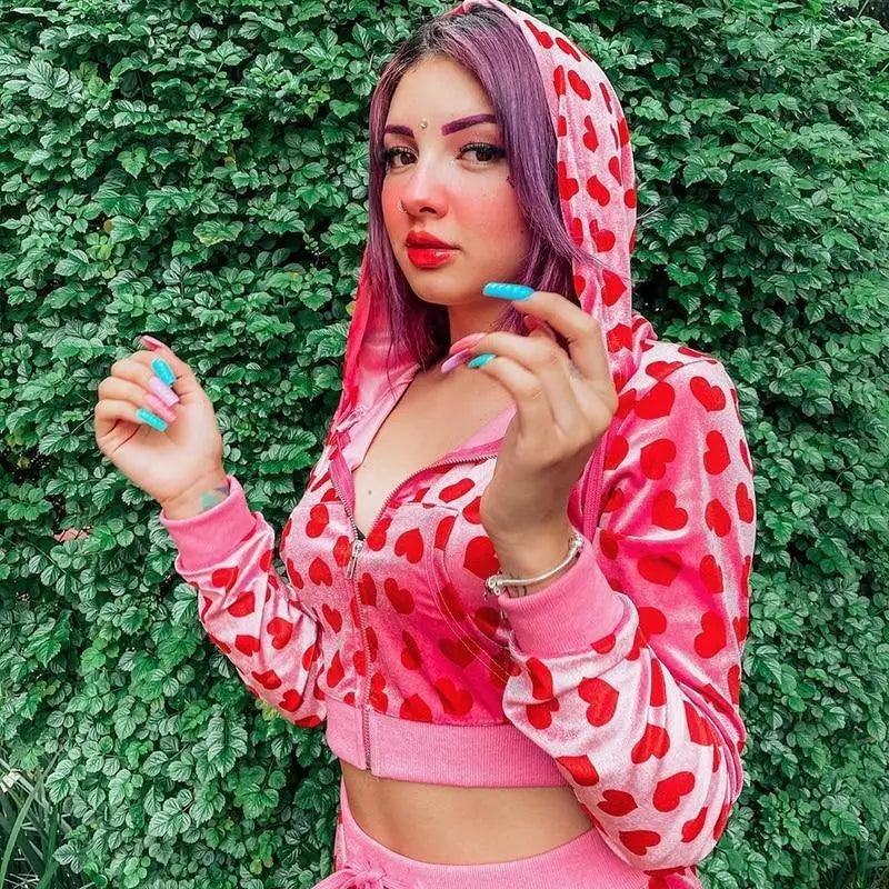 Unique Design Velvet Heart Print Cropped Top Bomber Jacket For Women Autumn Cute Pink Long Sleeve Coats Zipper Winter Overcoat Stevvex