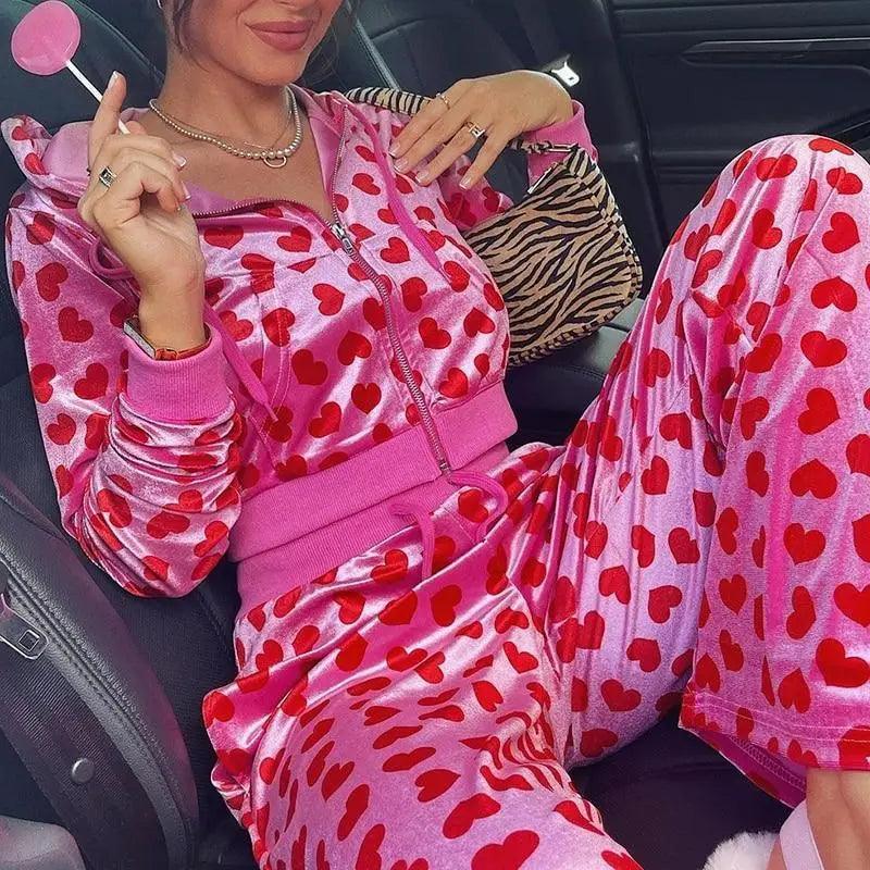 Unique Design Velvet Heart Print Cropped Top Bomber Jacket For Women Autumn Cute Pink Long Sleeve Coats Zipper Winter Overcoat Stevvex