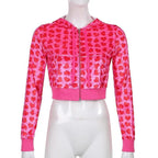 Unique Design Velvet Heart Print Cropped Top Bomber Jacket For Women Autumn Cute Pink Long Sleeve Coats Zipper Winter Overcoat Stevvex