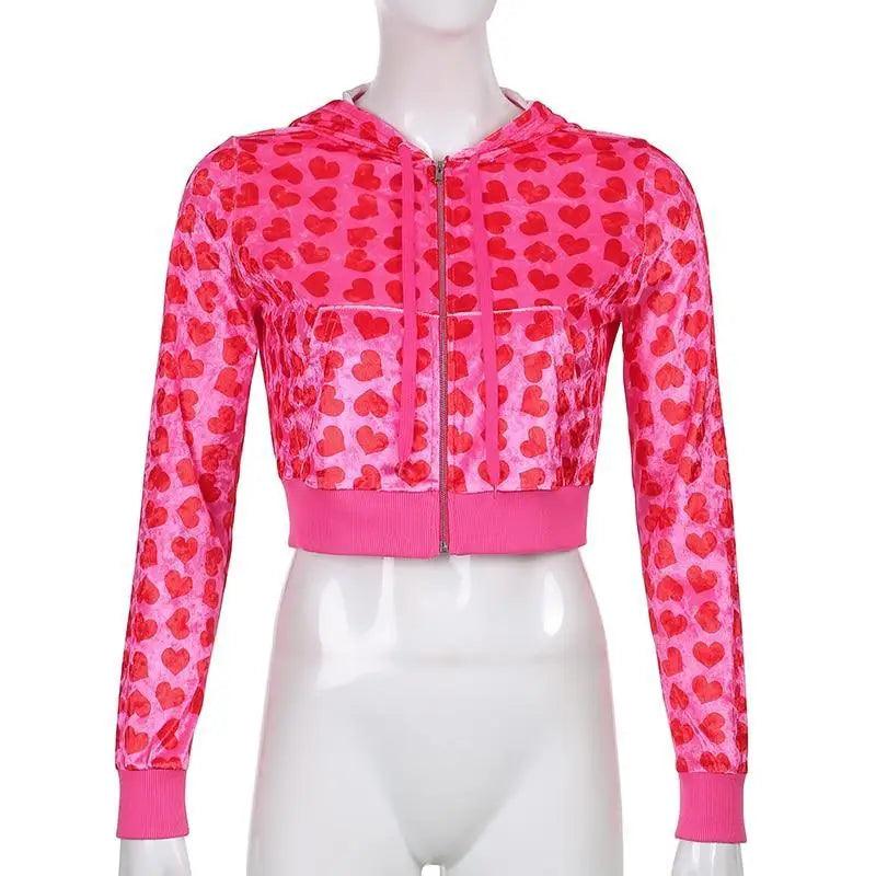 Unique Design Velvet Heart Print Cropped Top Bomber Jacket For Women Autumn Cute Pink Long Sleeve Coats Zipper Winter Overcoat Stevvex