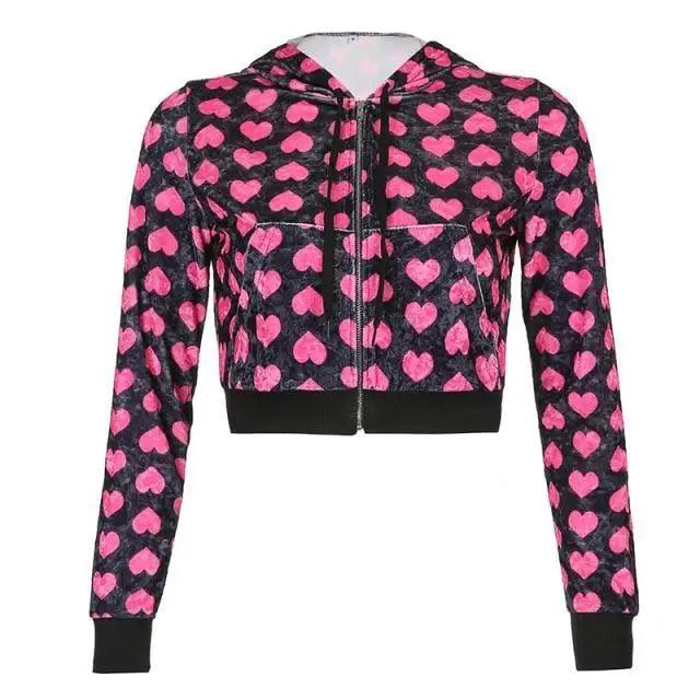 Unique Design Velvet Heart Print Cropped Top Bomber Jacket For Women Autumn Cute Pink Long Sleeve Coats Zipper Winter Overcoat Stevvex