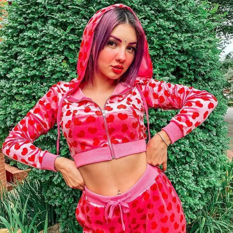 Unique Design Velvet Heart Print Cropped Top Bomber Jacket For Women Autumn Cute Pink Long Sleeve Coats Zipper Winter Overcoat Stevvex