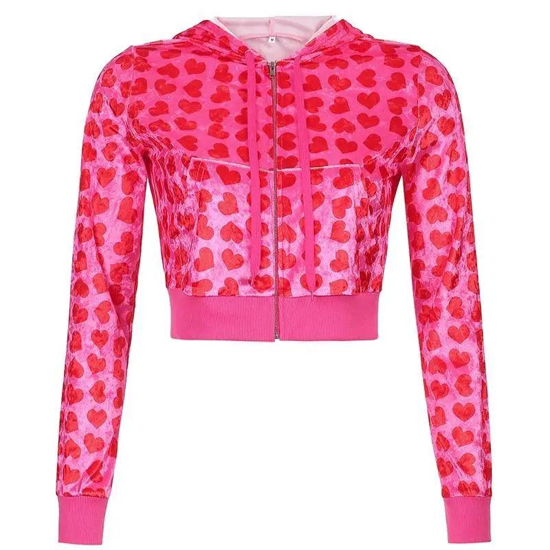 Unique Design Velvet Heart Print Cropped Top Bomber Jacket For Women Autumn Cute Pink Long Sleeve Coats Zipper Winter Overcoat Stevvex