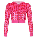 Unique Design Velvet Heart Print Cropped Top Bomber Jacket For Women Autumn Cute Pink Long Sleeve Coats Zipper Winter Overcoat Stevvex