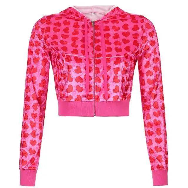 Unique Design Velvet Heart Print Cropped Top Bomber Jacket For Women Autumn Cute Pink Long Sleeve Coats Zipper Winter Overcoat Stevvex