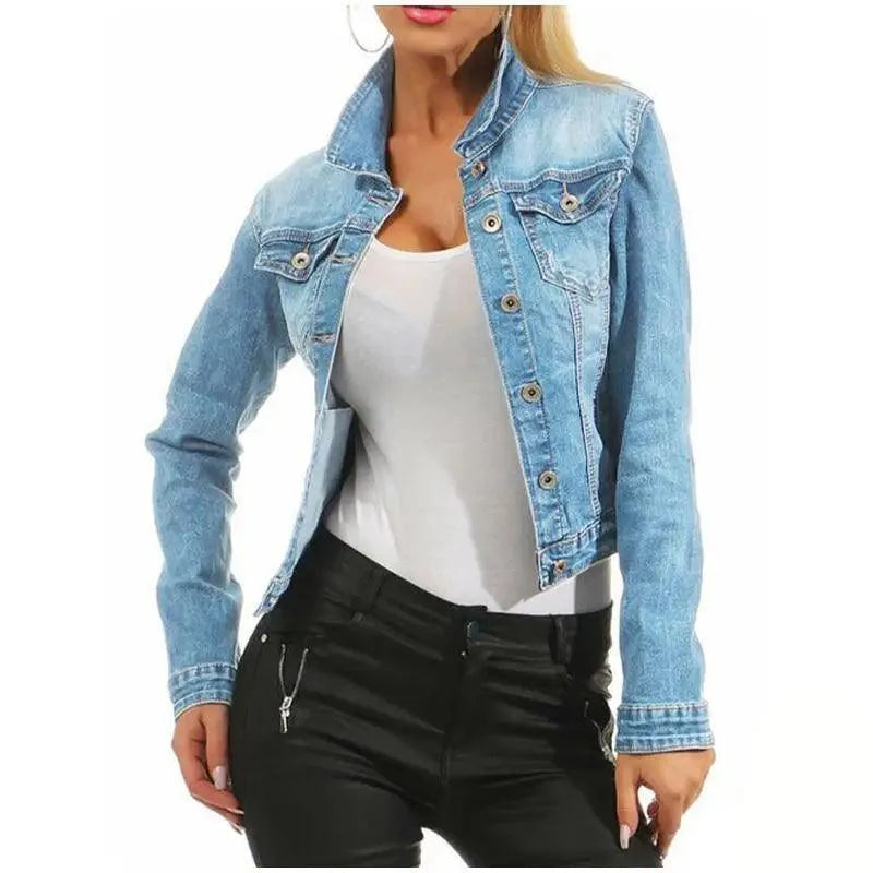 Unique Design Women's Denim Cropped Jacket Female Pockets Hole Short Jean Jackets Ladies Fashionable Button Casual Solid Coats Stevvex